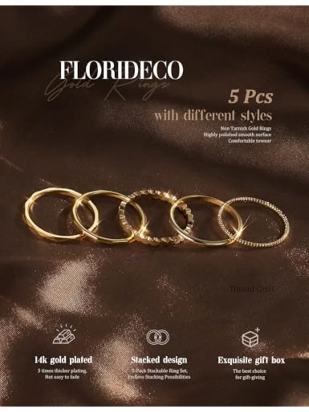 14K Gold Plated Stackable Rings Set - 5 Thin Dainty Bands Size 5-10